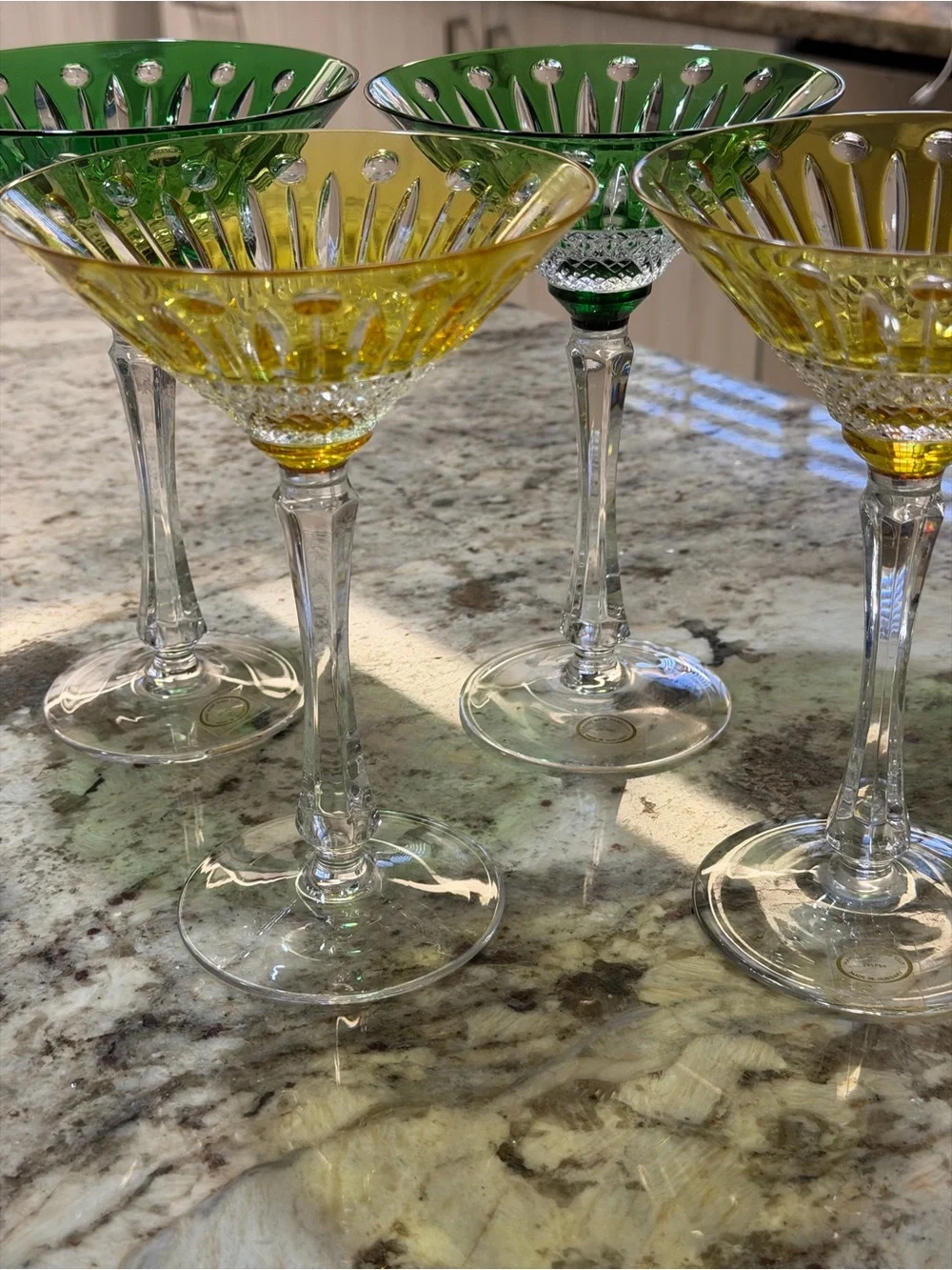 Vtg Handmade Hungarian Martini Glasses Set of 4 Emerald Green & Yellow Crystal